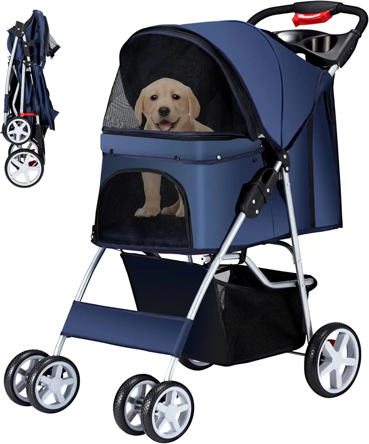 Pet Stroller for Medium and Small Dogs and Cats Four Wheels Folding Cat Jogger with Storage Basket and Breathable Mesh