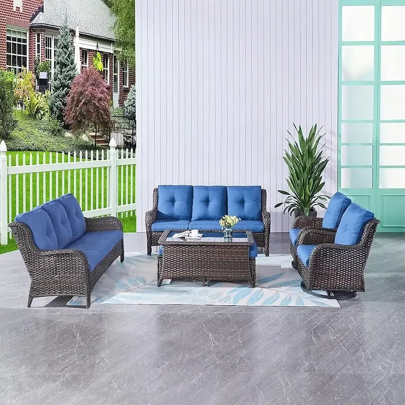 QWHumnuh 6 Pieces Outdoor Furniture Set PE Wicker Sofa with Swivel Rocking Chairs Ottomans and Coffee Table