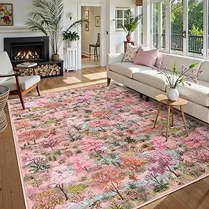 Forest Print Washable 8x10 Area Rugs Dark Green Non Slip Ultra Thin Soft Boho Floral Carpet for Living Room