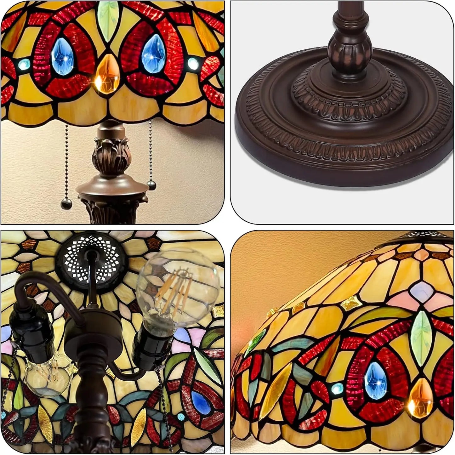 Floor Lamp 2-Light Antique Victorian Cream Brown Stained Glass Industrial Design