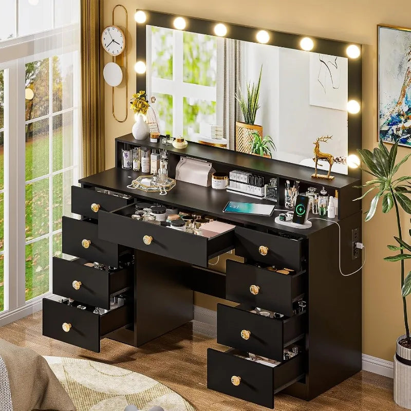 Vanity Desk with Large Lighted Mirror 10 LED Lights 43.3 Inch Makeup Vanity with 9 Drawers Power Outlet Dressing Table