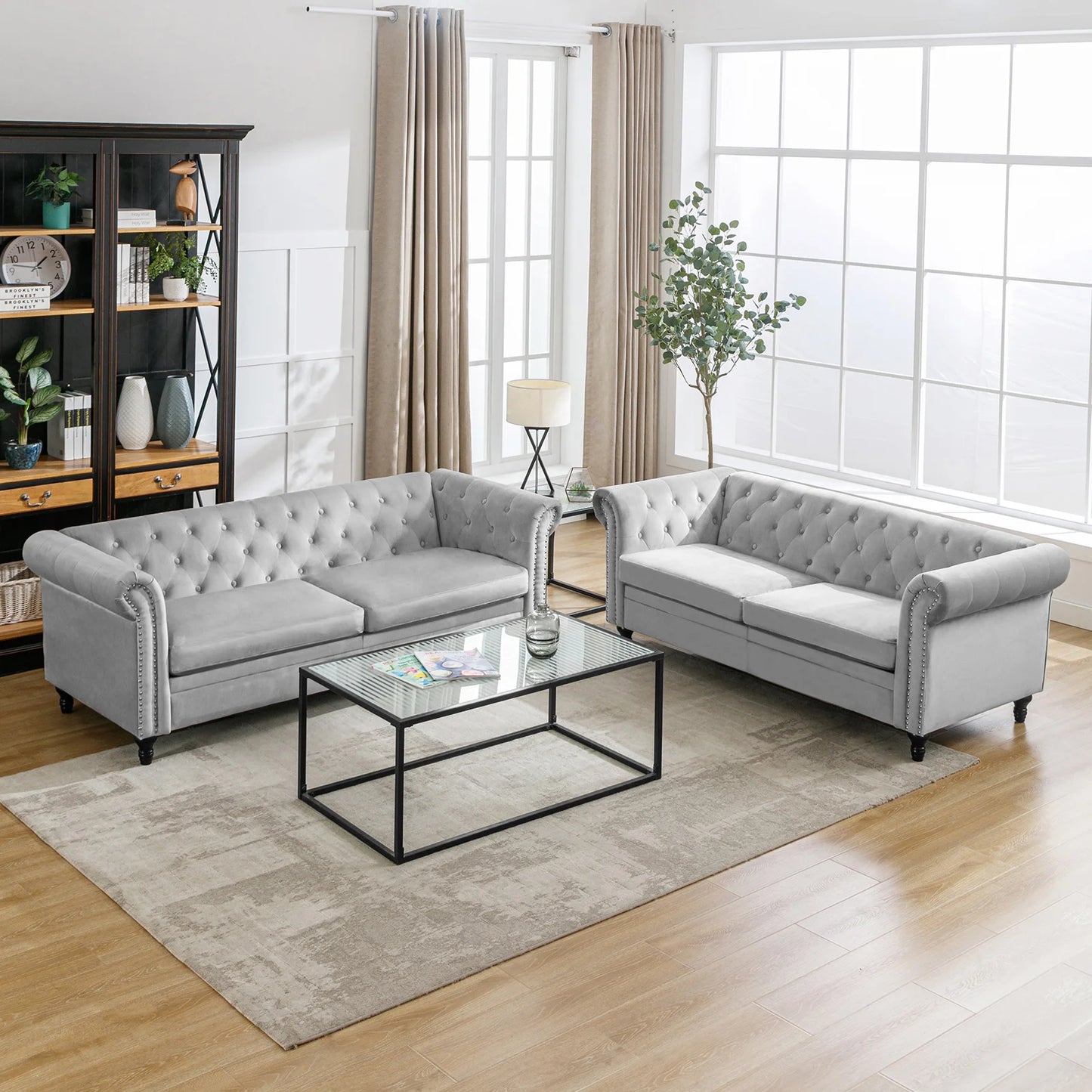 Horgaeo Button Upholstered Velvet Sofa Classic Chesterfield Tufted Camel Back Furniture Set