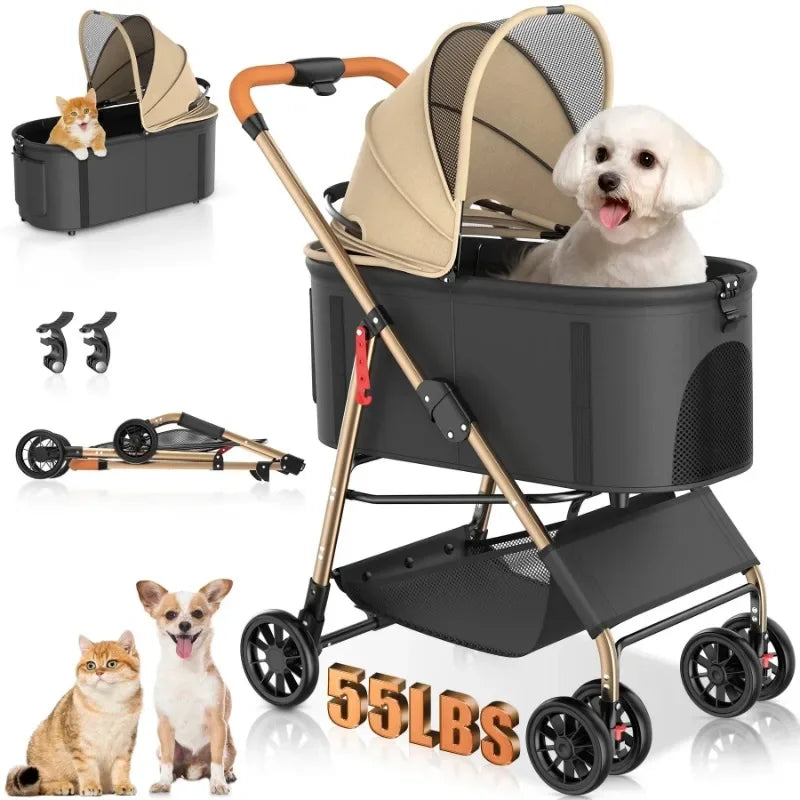 Pet Stroller with Four Wheels Foldable Pet Travel Carrier for Small Medium Dogs Cats up to 55 Pounds Detachable Basket Removable