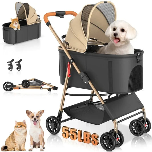 Pet Stroller with Four Wheels Foldable Pet Travel Carrier for Small Medium Dogs Cats up to 55 Pounds Detachable Basket Removable