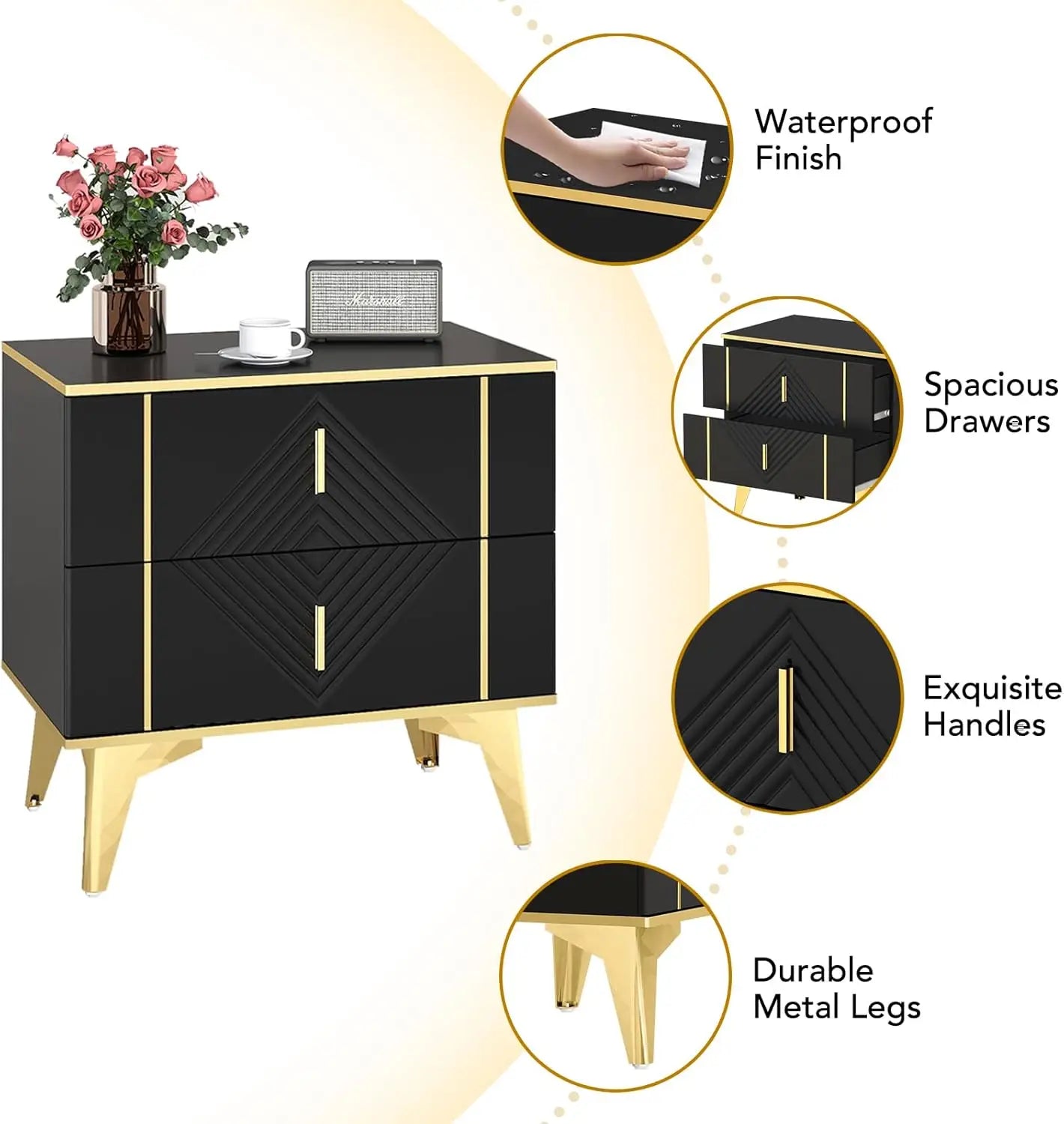 Nightstands Set of 2 Light Luxury Bedside Table with 2 Wood Drawers End Tables with Metal Handles and Metal Legs for Bedroom