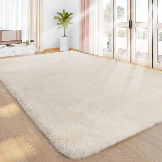 Cream Shag Area Rug 8X10 for Living Room Soft Plush Furry Washable Carpet Modern Style