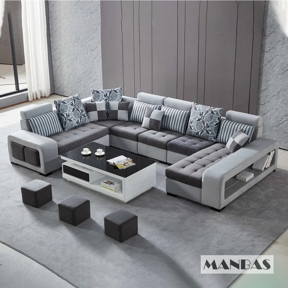 Manbas Dark Grey And Light Grey Fabric Sectional Couch With Chaise U-Shape Living Room Sofa Set With Stools Home Furniture