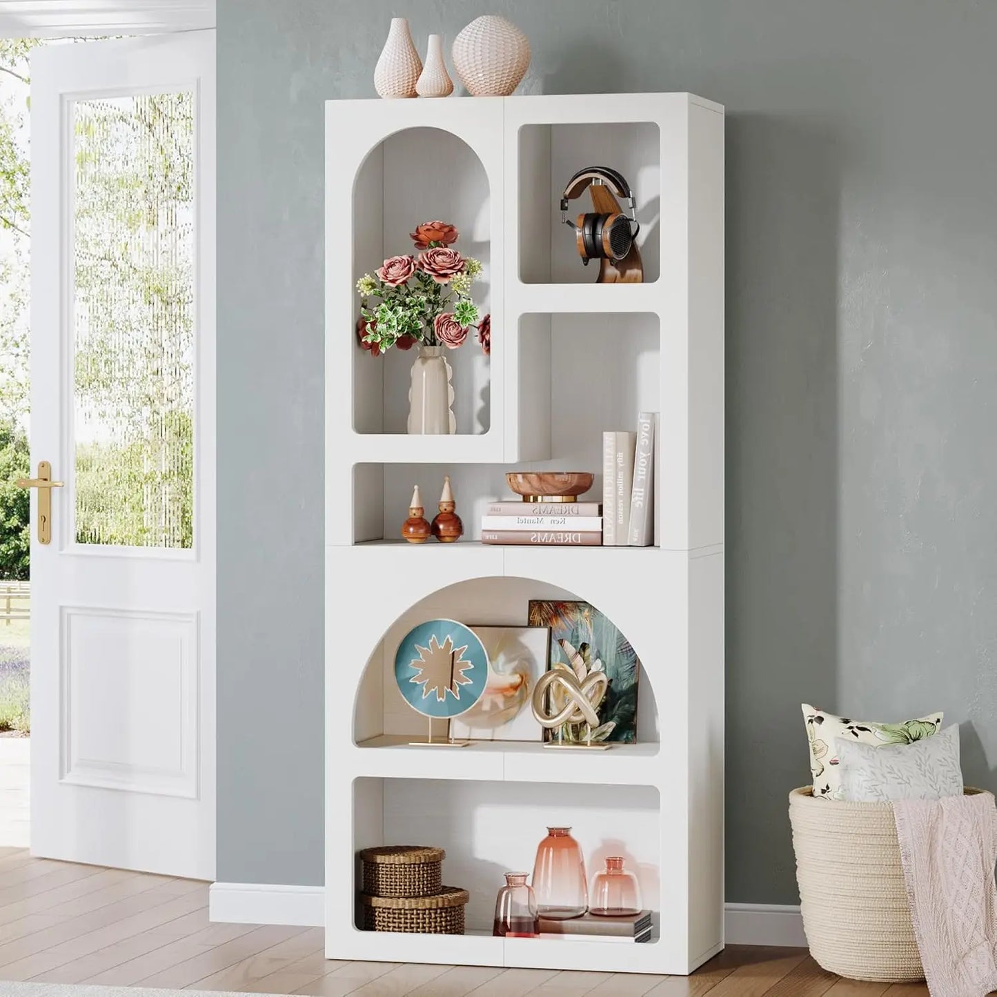 70.87 Inch Tall Geometric Bookshelf White Arched Bookcase with 5 Irregular Storage Shelves Free Standing for Living Room and Bedroom