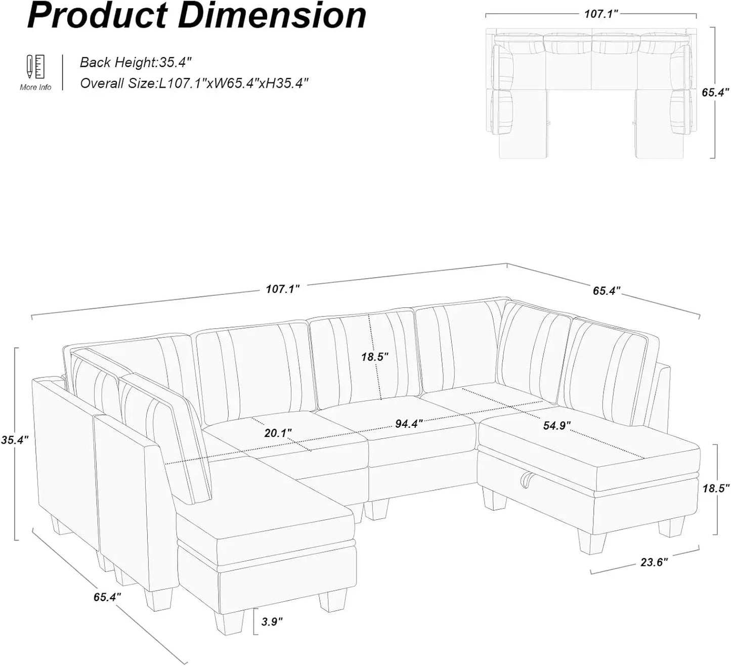 Sectional Couch with Storage Ottoman, U Shaped Sectional Sofa Couch, Convertible U-Shape Sectional Couch for Living Room, Beige