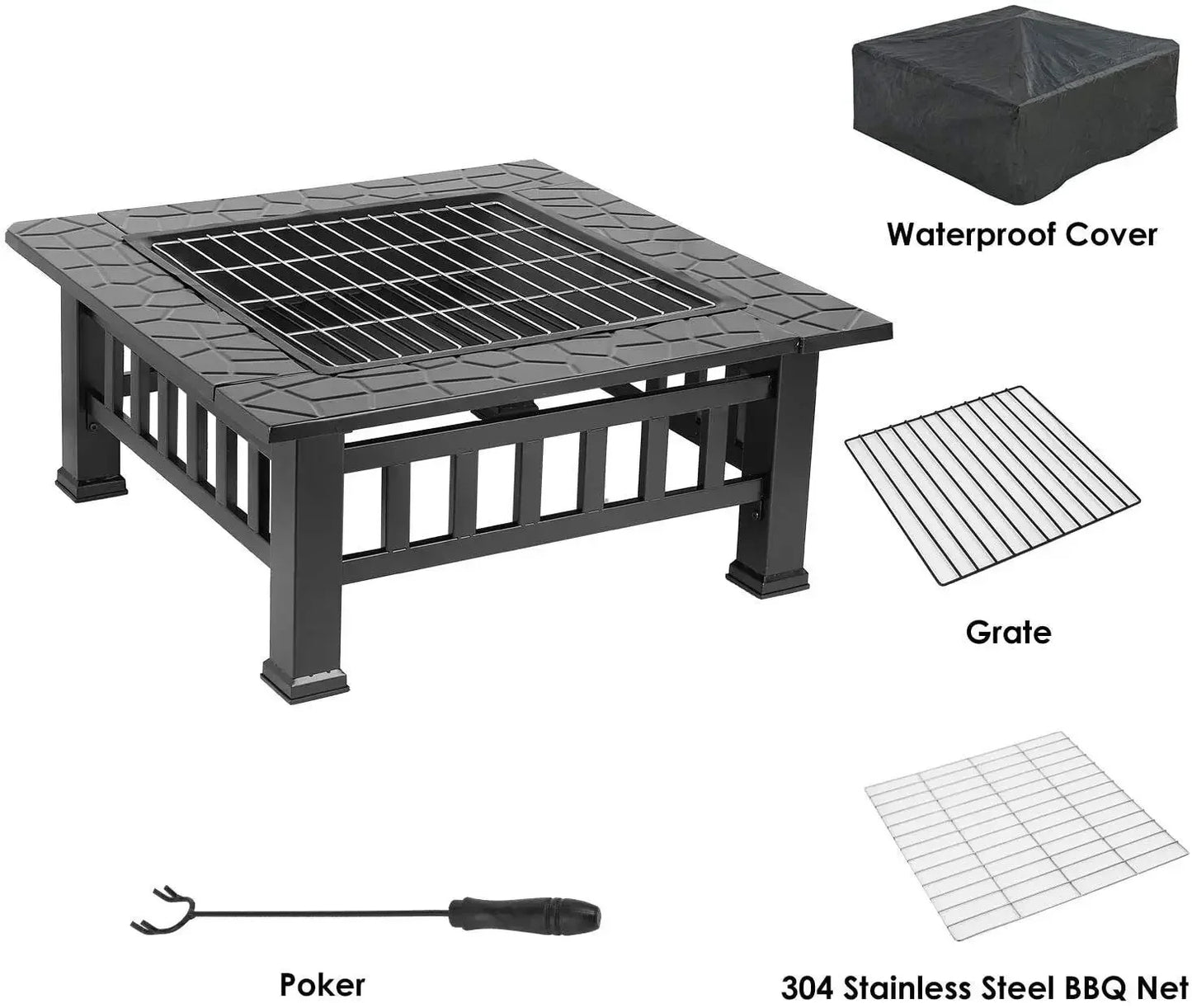 32 Inch Square Fire Pit Table for Outdoor Use Wood Burning with Spark Screen and Fire Poker for Camping and Patio