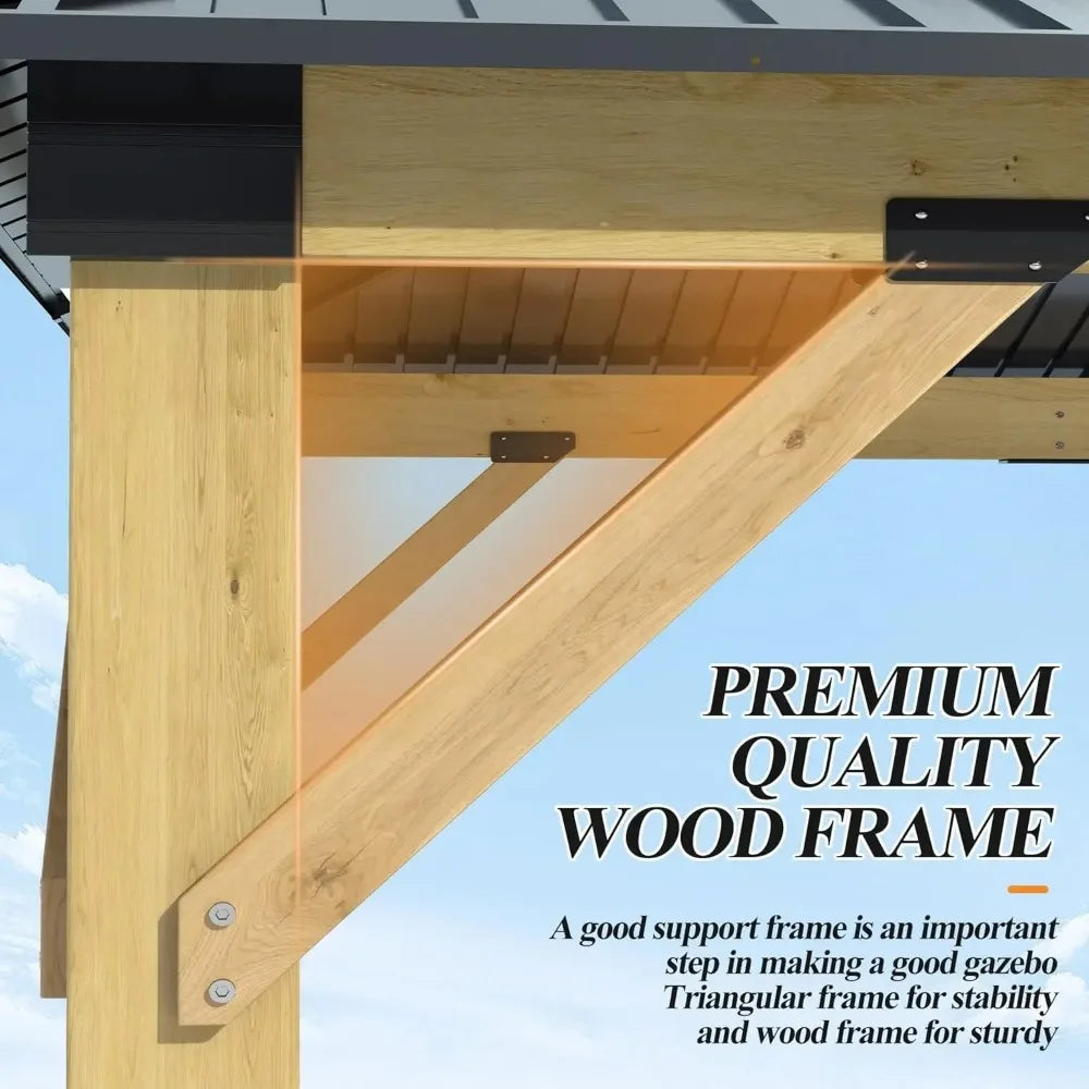Outdoor Wooden Gazebo Patio Galvanized Steel Gazebo with Double Vented Roof Heavy Duty Cedar Wood for Garden Use
