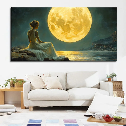 1.5 Inch Thick Pine Solid Wood Frame With Waterfall And Moon Mosaics Melancholic Murals Of Victorian Girls Interior Decor