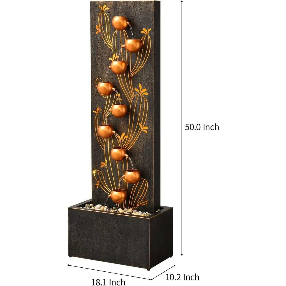 50 Inch High Outdoor Indoor Tall Waterfall Fountain with LED Lights Large Modern Cascading Bowl Fountain for Garden and Patio