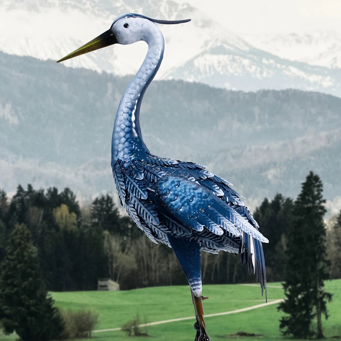 Blue Metal Crane Sculpture Elegant Outdoor Garden Decor Weather Resistant Heron Statue for Patio Lawn and Backyard