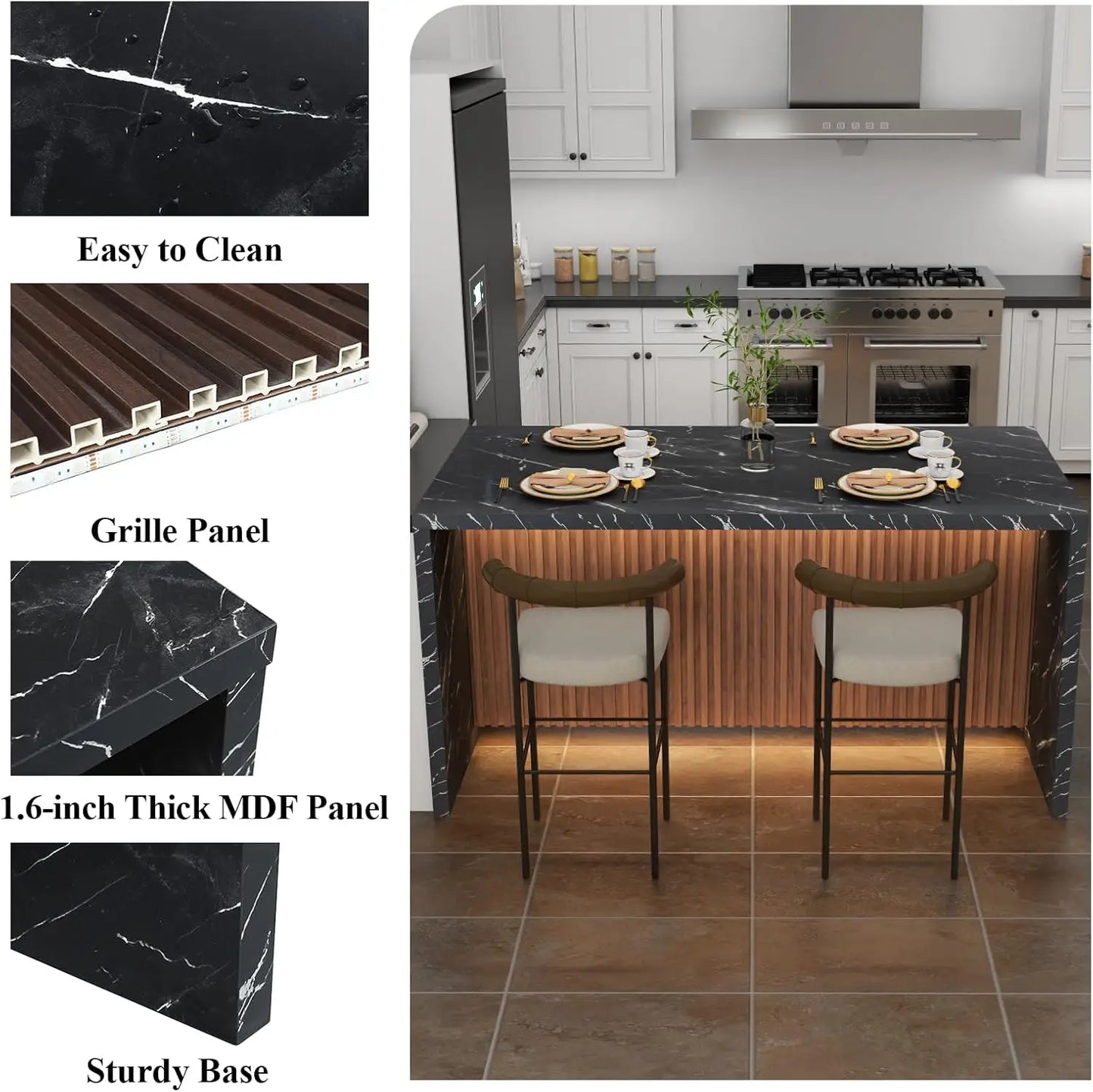 63 Inch Large Imitation Marble Dining Table for 4 to 6 People with LED Lights Modern Marble Stripes Kitchen Dining