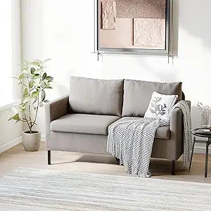 51 Inch W Linen Fabric Upholstered Modern Loveseat Sofa Couch for Living Room Aqua Blue 2 Seater Furniture with Iron Legs