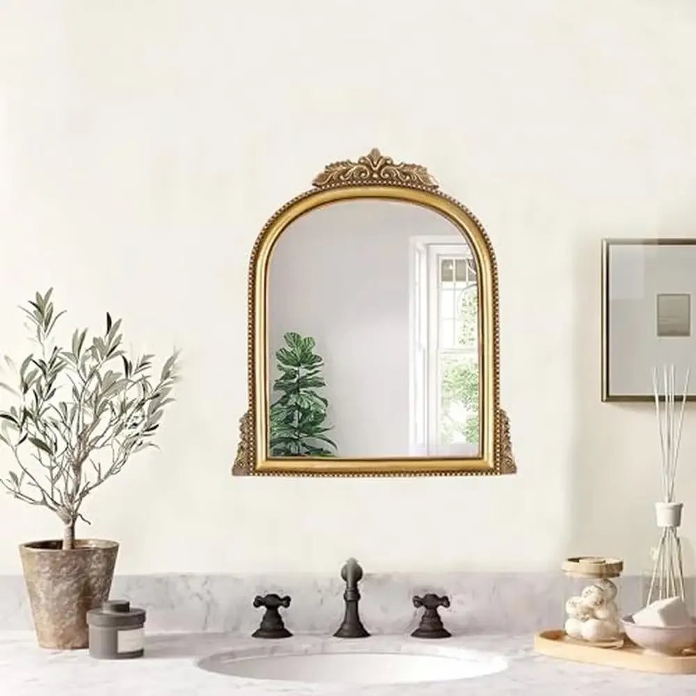 Baroque Style Gold Ornate Resin Frame Mirror Arched Vanity Makeup Antique Mirror 15.2 X 11.6 Inch Elegant Decor Bathroom Bedroom