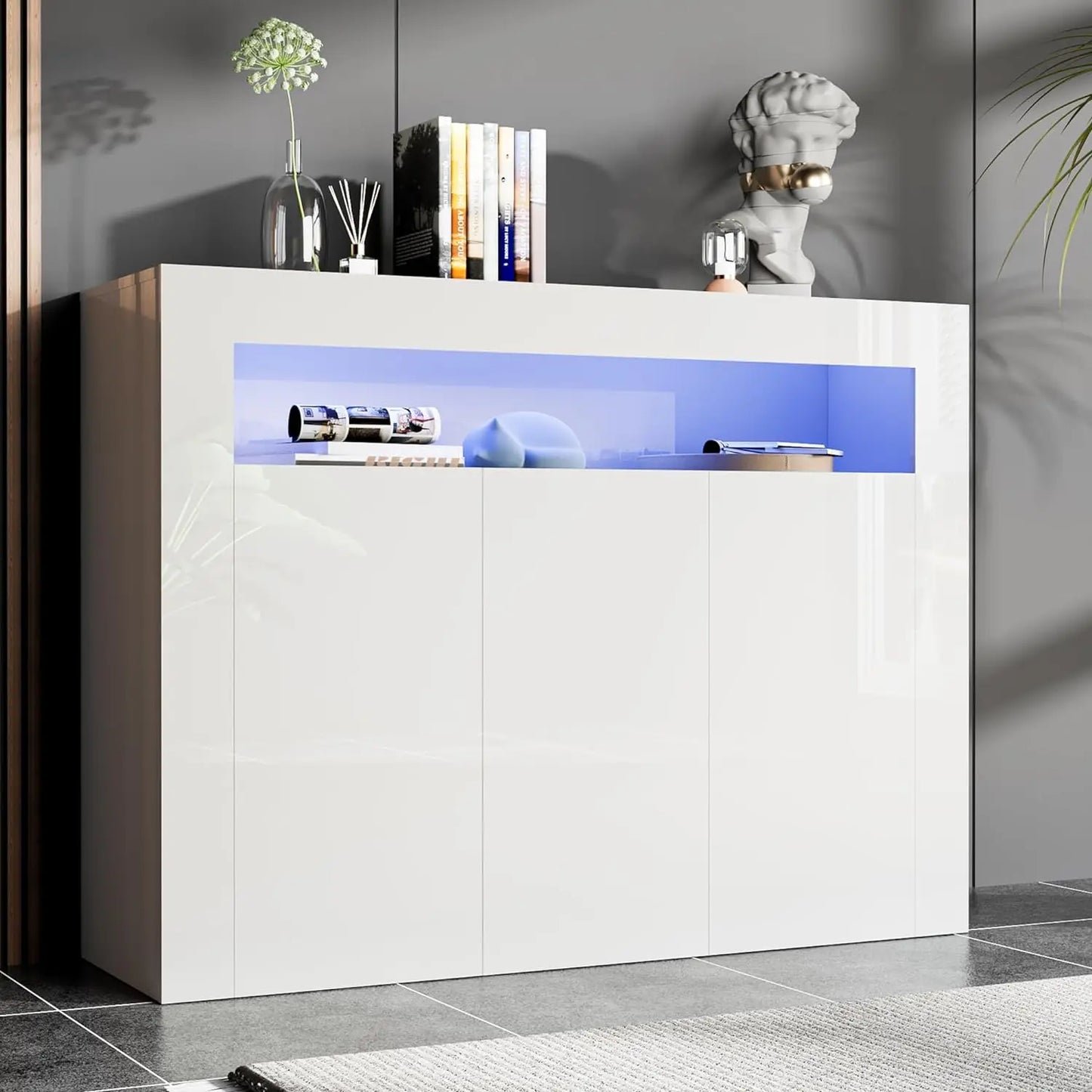 Modern White Buffet Cabinet with LED Lights High Gloss Sideboard Storage Cabinet with 3 Doors and Adjustable Shelf