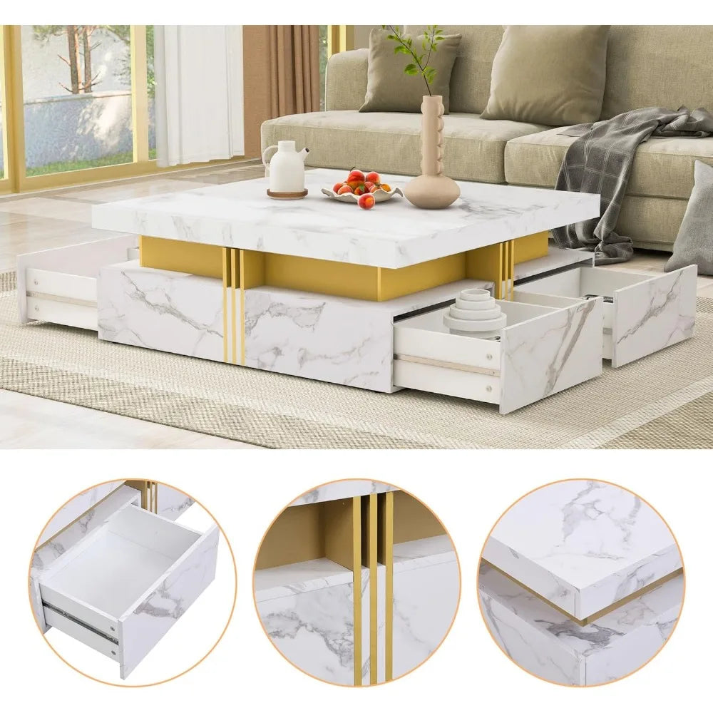 Modern Square Coffee Table with 4 Drawers Contemporary Luxury Center Table with Gold Accents