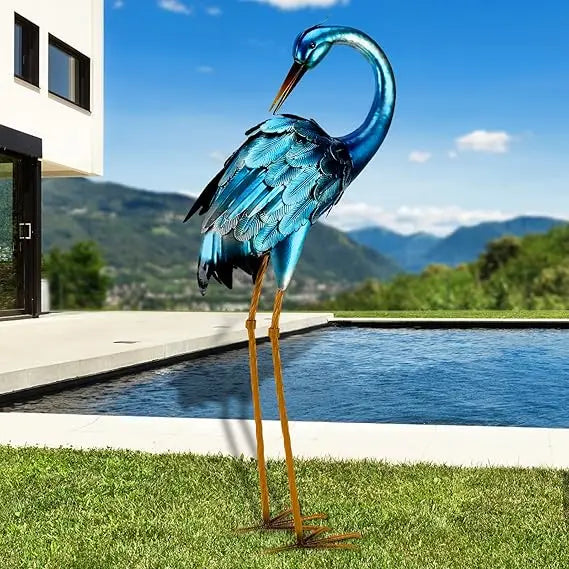 Metal Crane Garden Statue Blue Heron Sculpture Yard Art Large Heron Decoy Bird Statues Lawn Ornaments for Backyard Pond