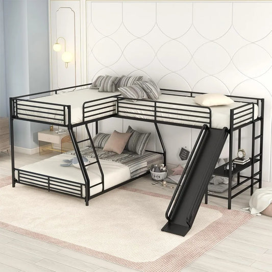 SOFTSEA Twin Over Full Bunk Bed with Twin Loft Bed, Heavy Duty L-Shaped Triple Metal Bunk Bed Frame with Desk and Slide for 3 Pe