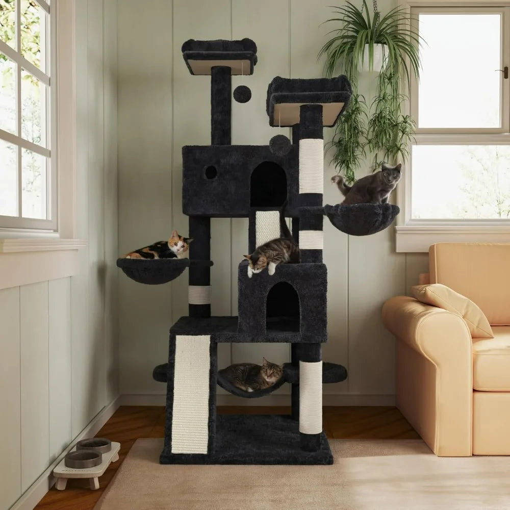 Multi Level Large Cat Tree Tower for Indoor Big Feline Cozy Plush Perches Condo Sisal Scratching Posts Hammock