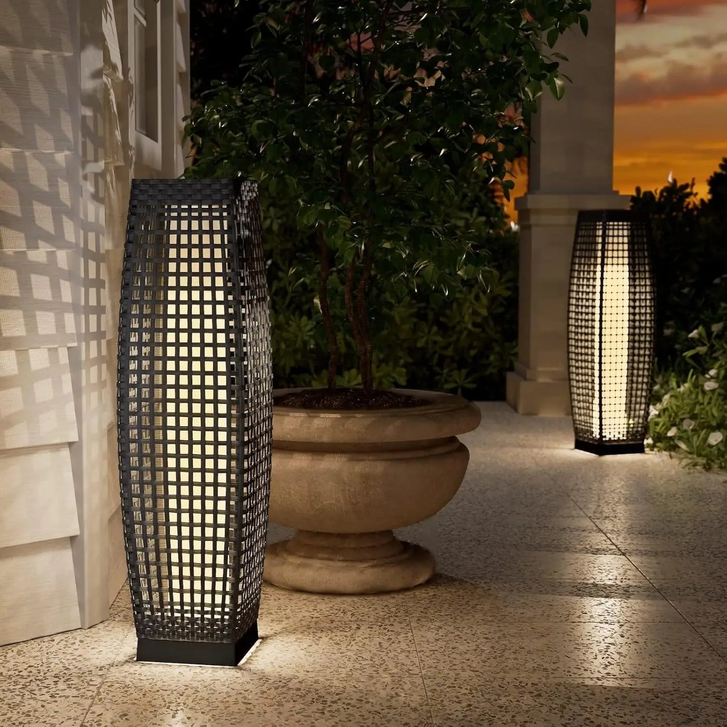 Medium Cindy Outdoor Solar Powered Woven Wicker Lantern Floor Lamp Decoration for Deck Garden Lawn Porch