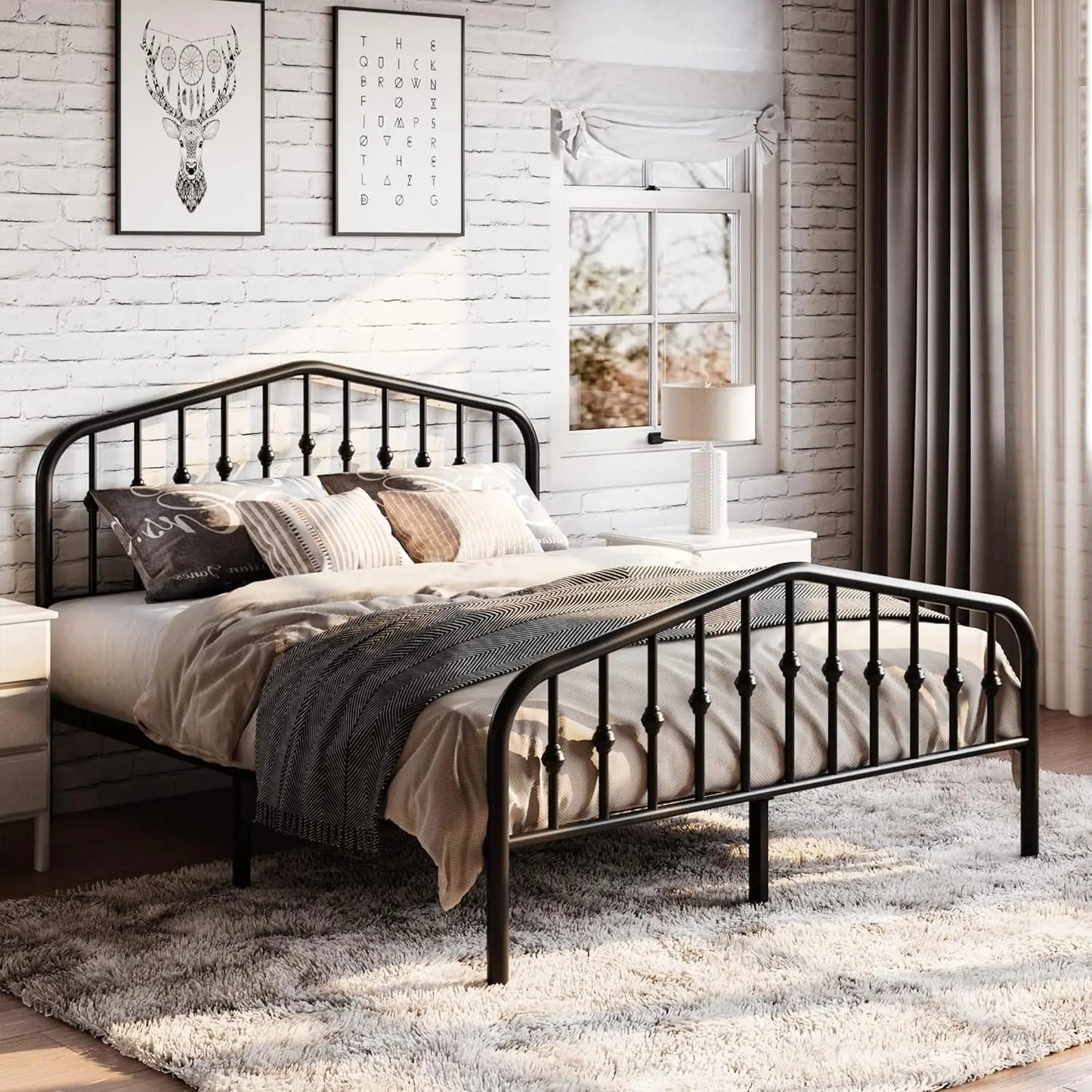 Queen Size Metal Platform Bed Frame with Victorian Style Wrought Iron Headboard and Footboard No Box Spring Required Black