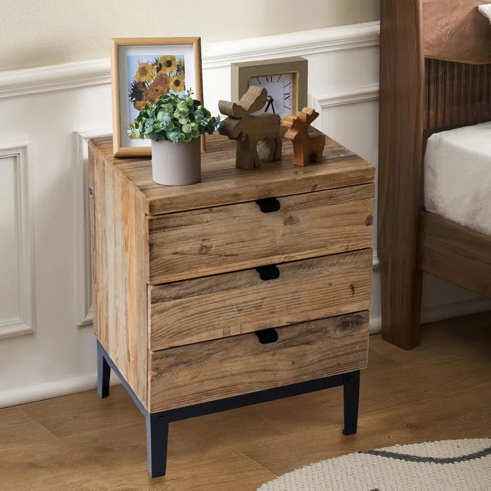 Farmhouse Wood Nightstand Bedside Table with Three Drawers Storage for Living Room and Hallway Distressed Finish