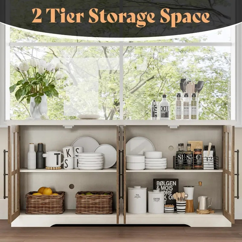 Farmhouse 63 Inch Buffet Sideboard Cabinet with Glass Door Large Storage Cabinet with Adjustable Shelf Wooden Coffee Bar Station