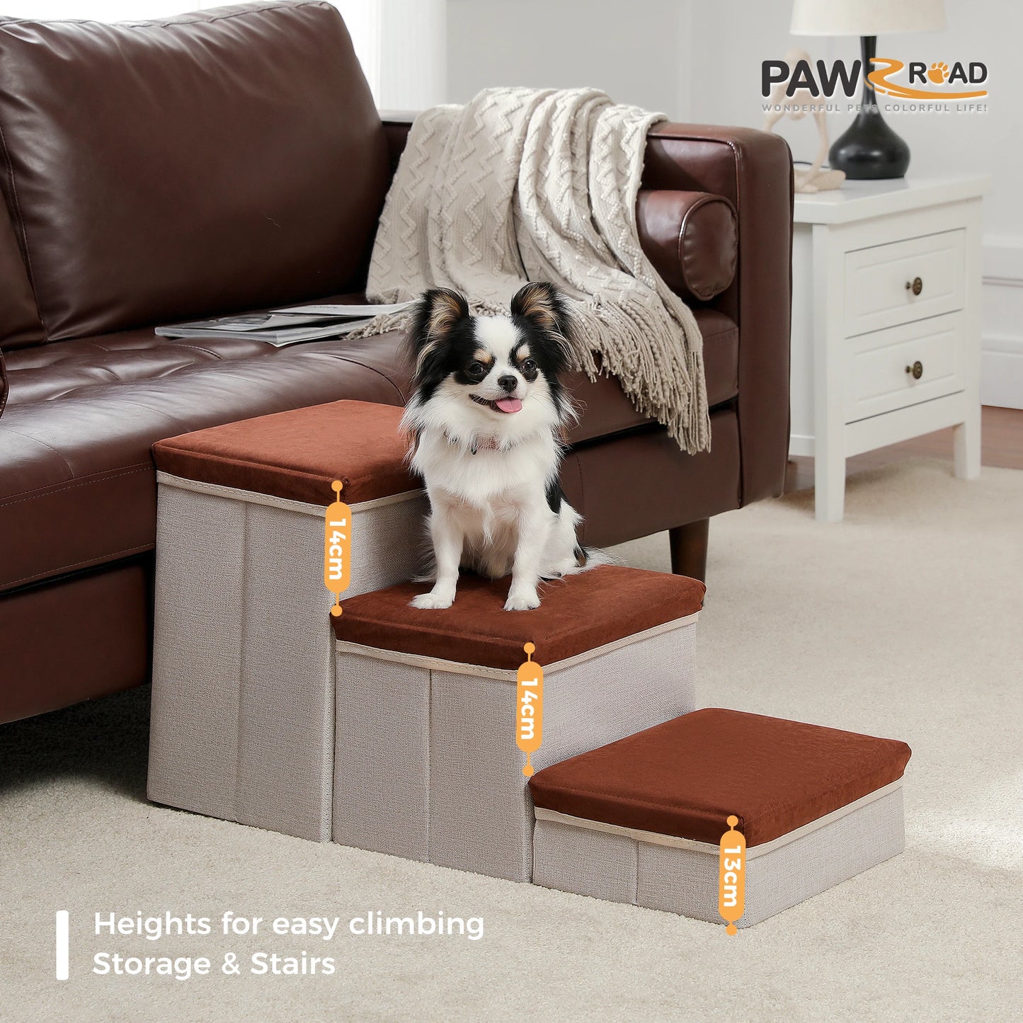 Foldable Dog Stairs With Storage Box Adjustable Height