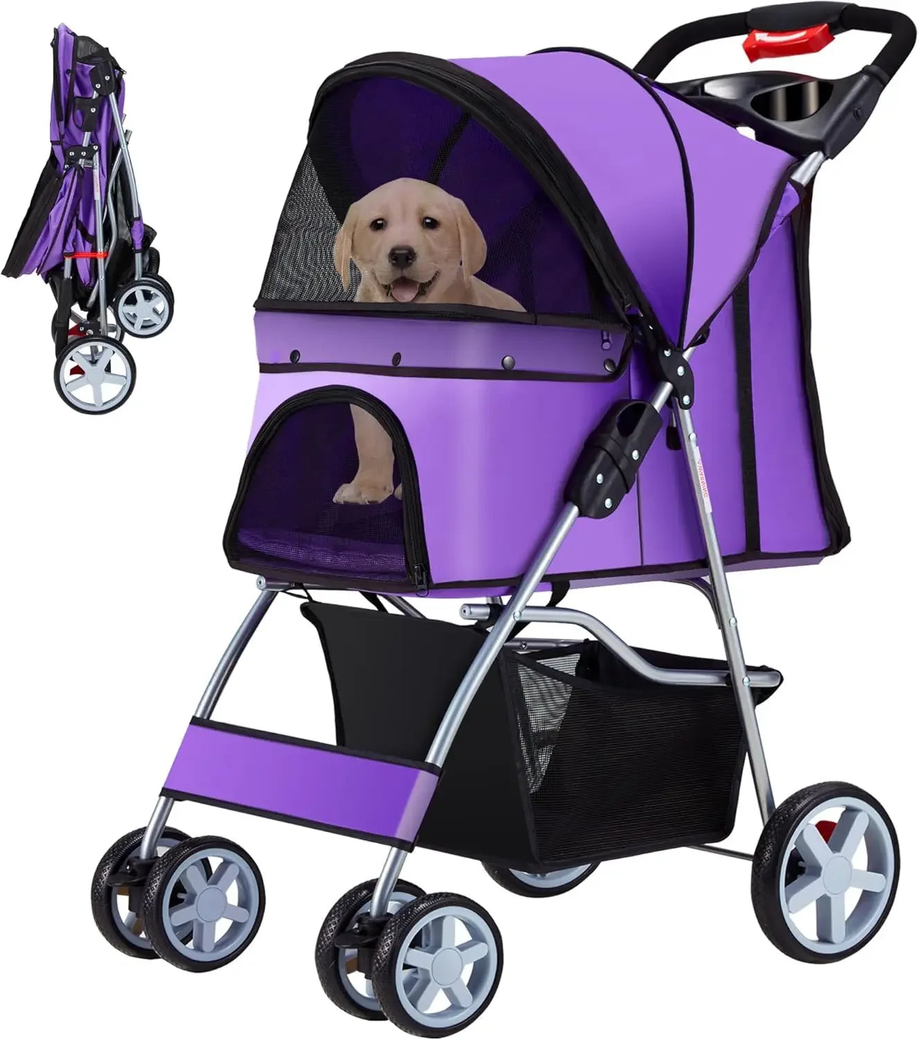 Pet Stroller for Medium and Small Dogs and Cats Four Wheels Folding Cat Jogger with Storage Basket and Breathable Mesh