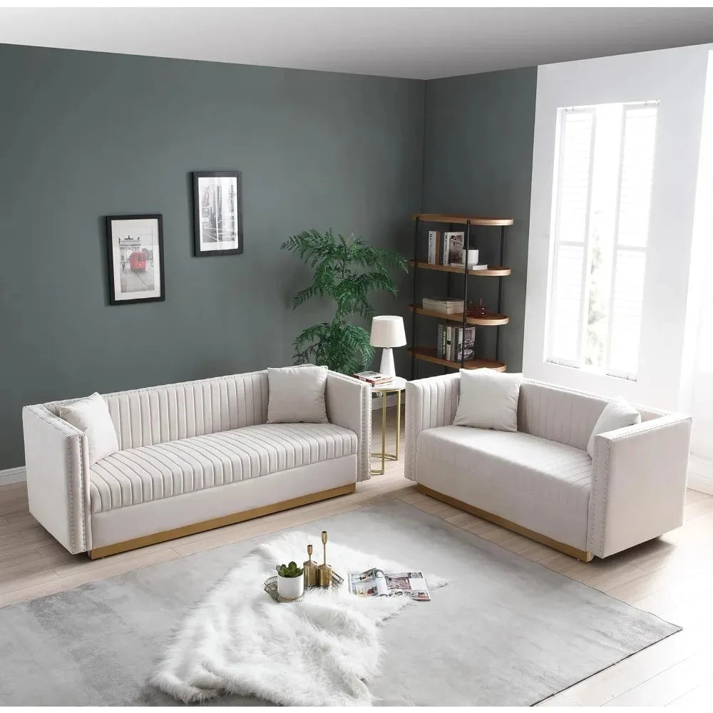 Luxury Velvet Sofa Set for Living Room with Nailhead Gold Metal Legs and Four Pillows