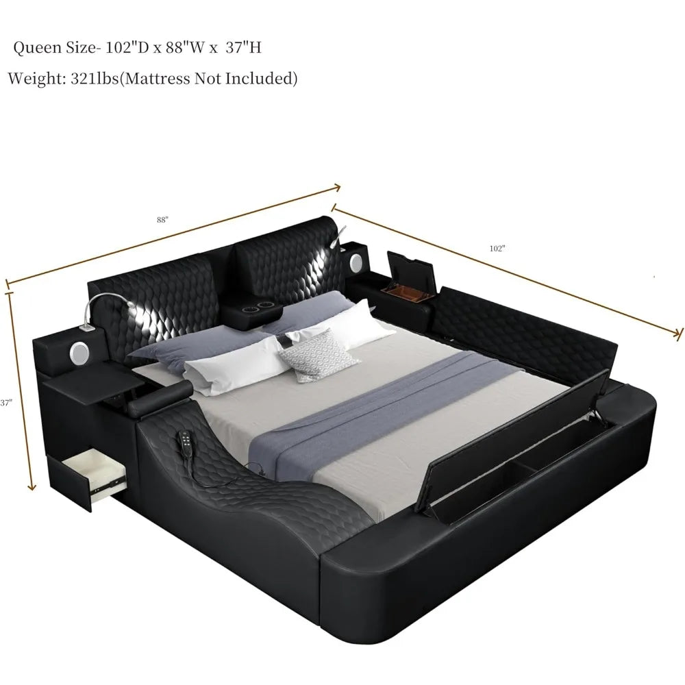 Queen Size Smart Bed Multifunctional Leather Bed Frame with Massage Recliner Upholstered Headboard Modern Luxury Bed Frame