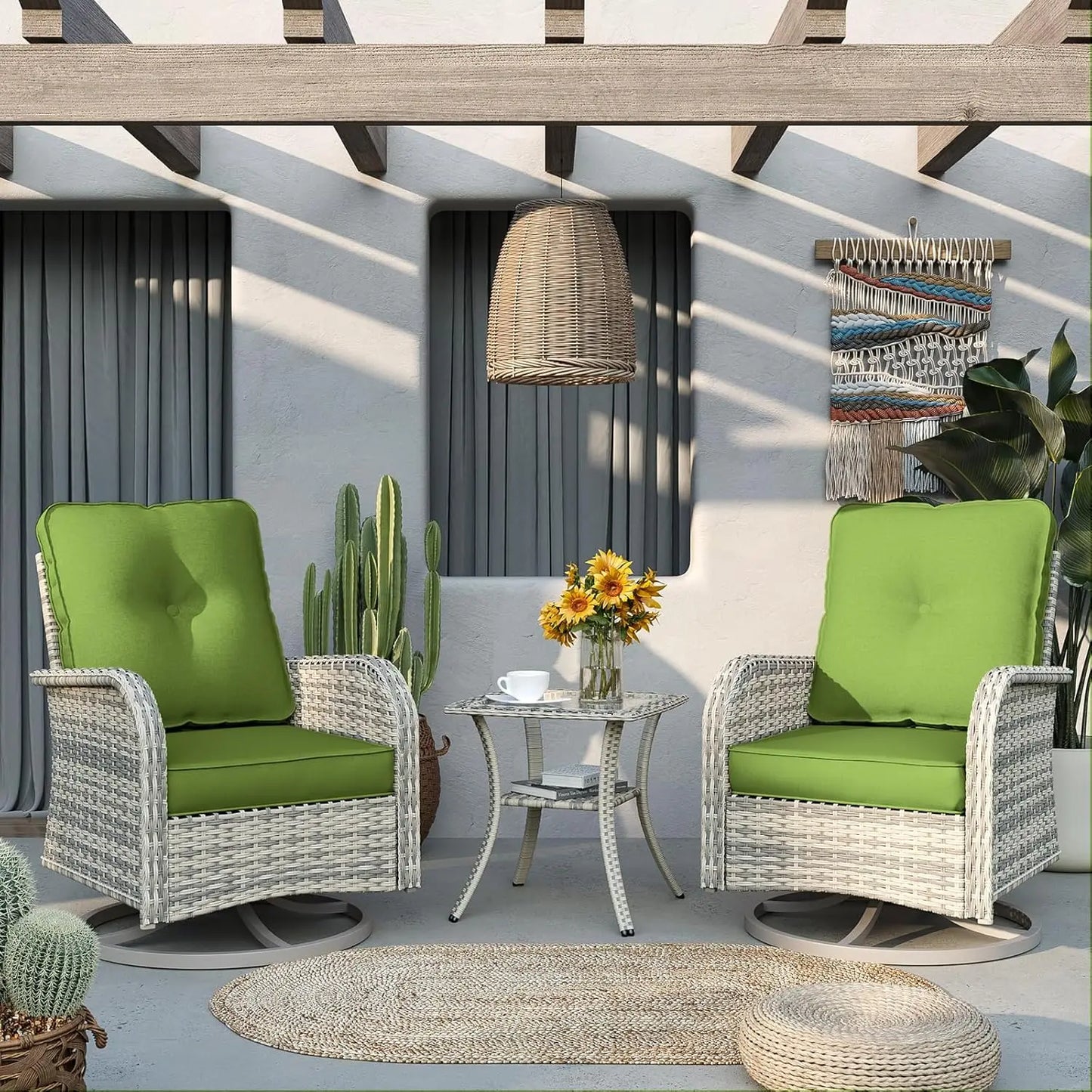 Patio Rocking Swivel Chair Outdoor Wicker Rattan Bistro Set with Tempered Glass Side Table Garden Furniture