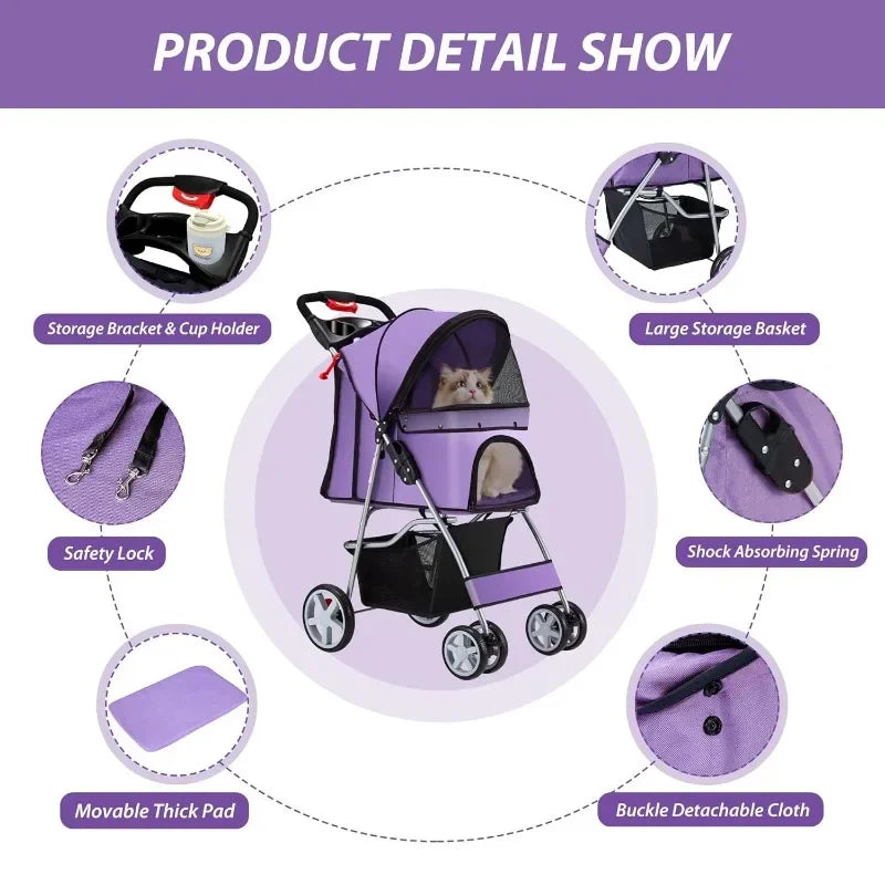 4 Wheels Pet Stroller for Small and Medium Dogs and Cats 33 Pounds Breathable Foldable Jogger Stroller with Storage Basket for Travel