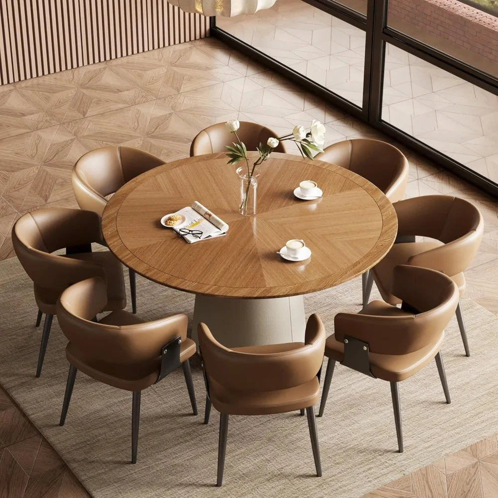 Round Faux Leather Base Dining Table for 4 to 6 People Modern Wood Kitchen Table with Round Solid Wood Veneer Top Ideal for Living Room