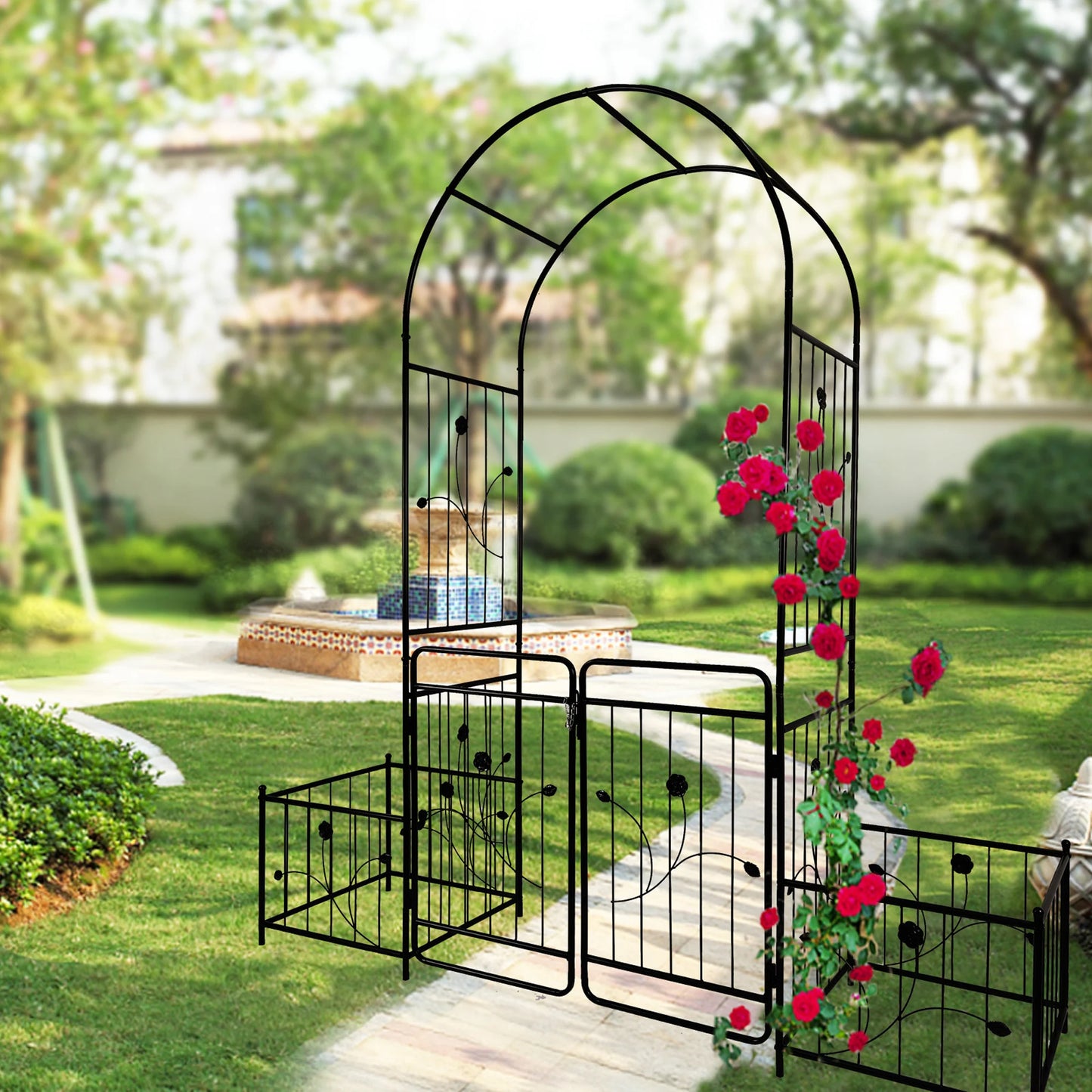 Metal Garden Arch with Gate 6.63 Feet Wide x 7.2 Feet High Climbing Plants Support Rose Arch Outdoor Black