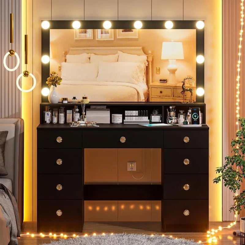 Vanity Desk with Large Lighted Mirror 10 LED Lights 43.3 Inch Makeup Vanity with 9 Drawers Power Outlet Dressing Table