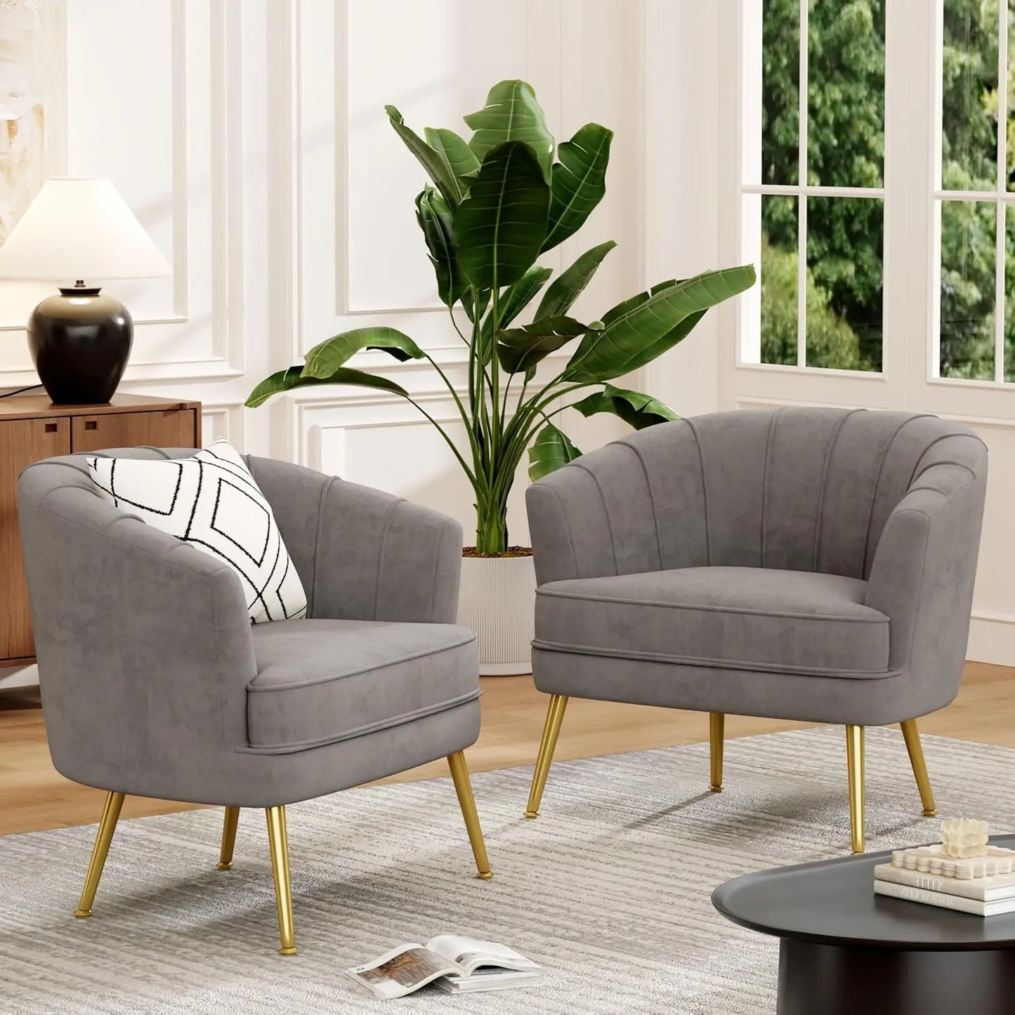 Velvet Accent Chair Set of 2 Upholstered Modern Single Sofa Side Chair Comfy Barrel Club Living Room Armchair