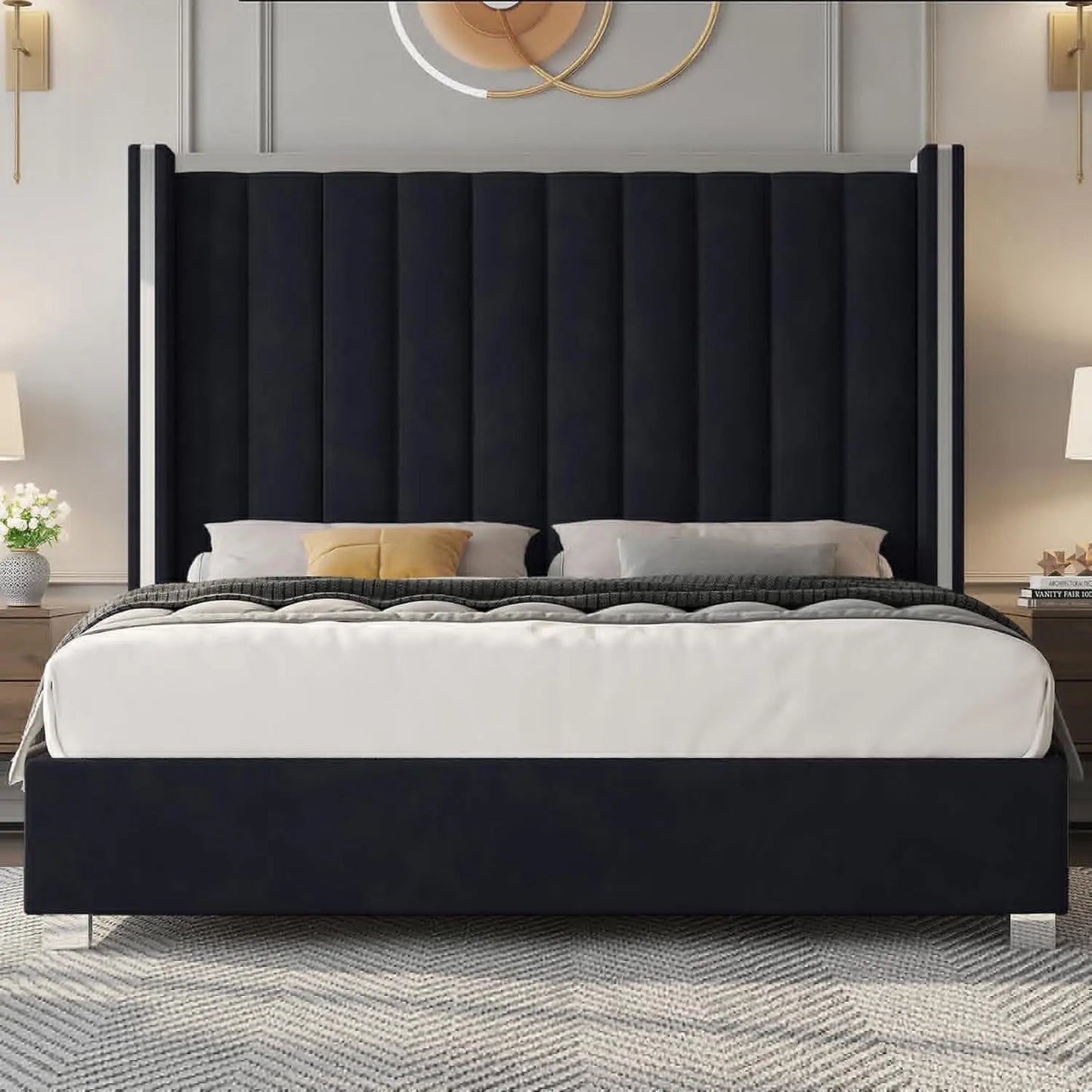 Jocisland Queen Size Bed Frame with 58" Tall Headboard, Velvet Upholstered Platform Bed with Channel Tufted Wingback Headboard
