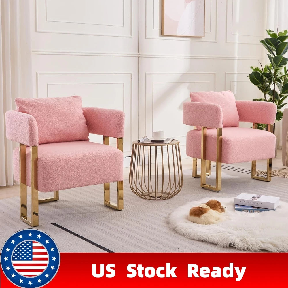 Set of 2 Pink Teddy Velvet Side Sofa with Gold Legs Tufted Plush Upholstered Reading Armchair with Lumbar Pillow Living Room Furniture
