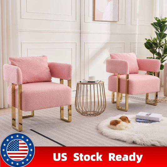 Set of 2 Pink Teddy Velvet Side Sofa with Gold Legs Tufted Plush Upholstered Reading Armchair with Lumbar Pillow Living Room Furniture