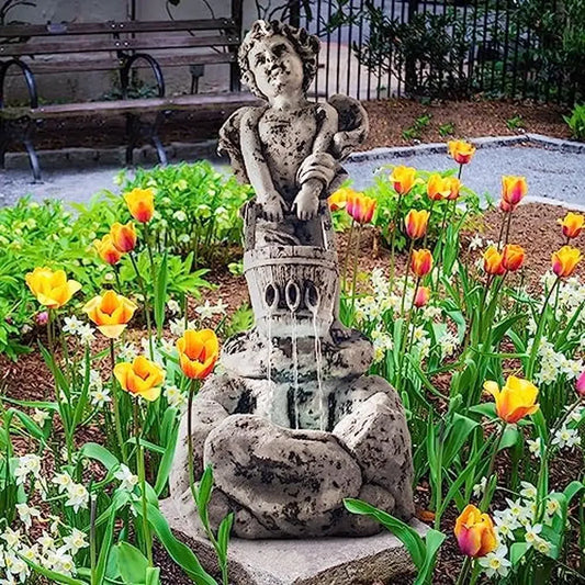 LED Lighted Outdoor Water Fountain Cherub Angel Design Polyresin Garden Decor 10.25 Inch x 15 Inch x 24 Inch