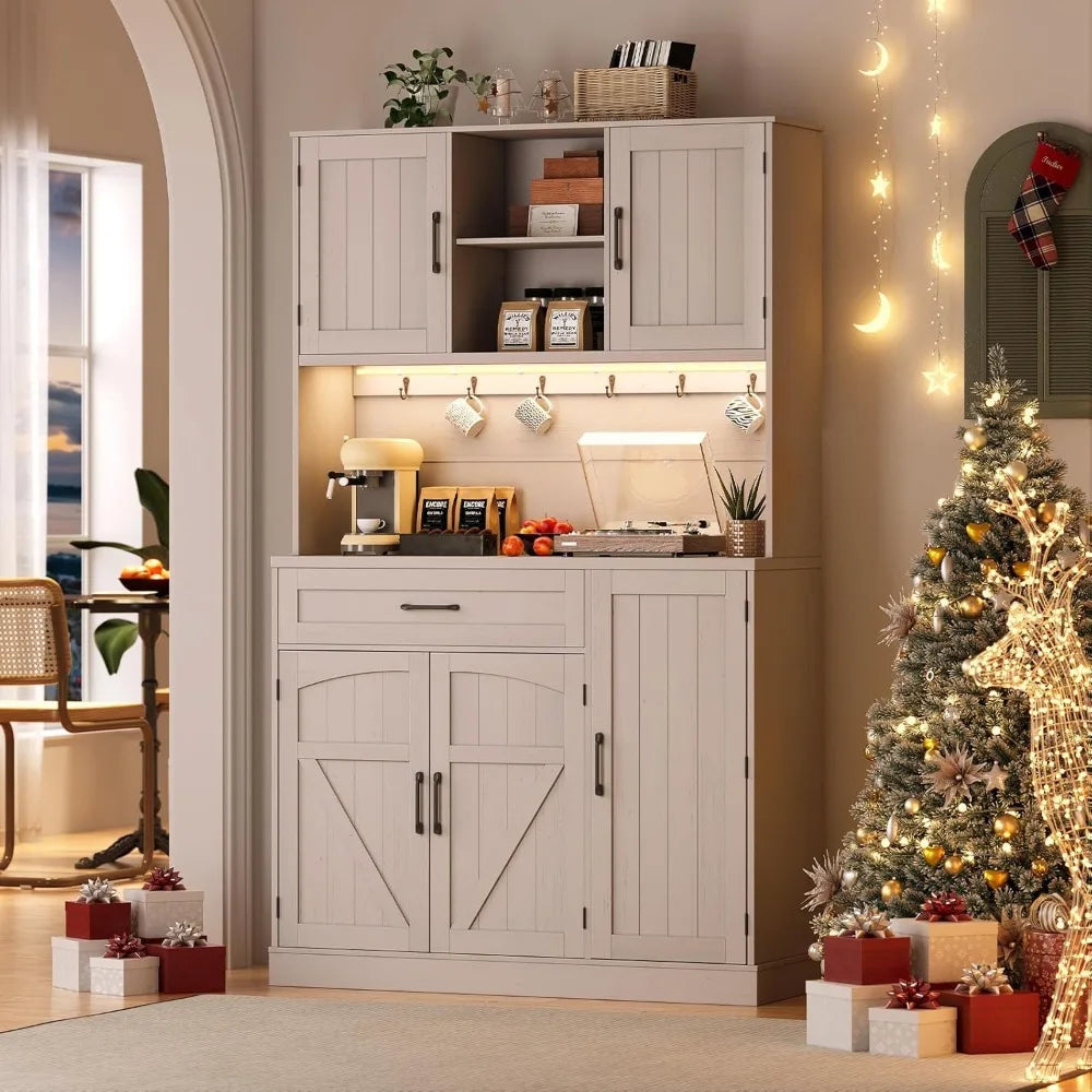 71 Inch Pantry Cabinet Kitchen Storage Cabinet with LED Light and Outlet Microwave Shelf and 6 Hooks