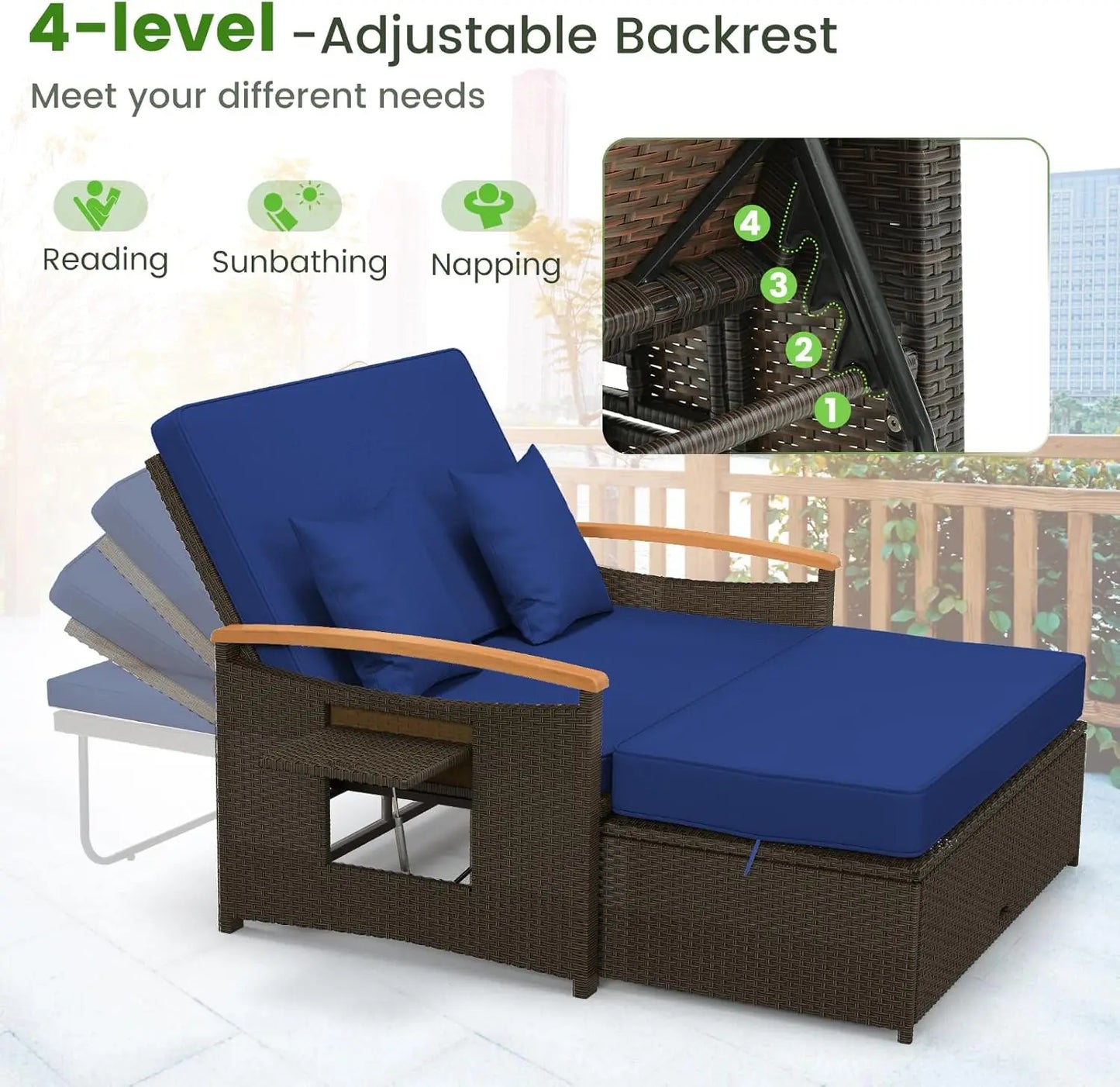 Moccha Outdoor Wicker Daybed Patio Rattan Loveseat Sofa with 4-Level Adjustable Backrest Folding Panels and Storage Ottoman