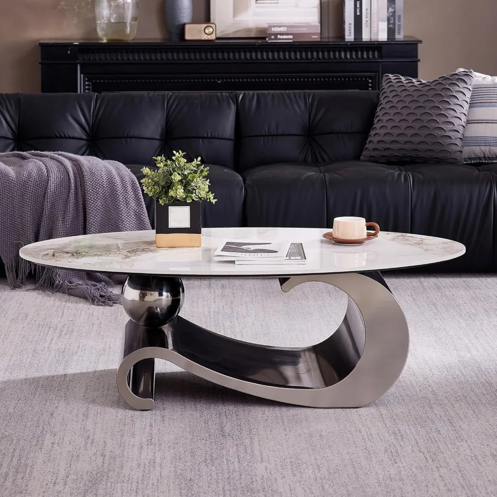 49.2 Inch Modern Oval Marble Coffee Table with Sturdy Metal Base Luxury Living Room Furniture