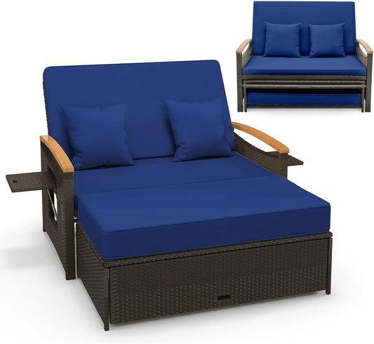 Moccha Outdoor Wicker Daybed Patio Rattan Loveseat Sofa with 4-Level Adjustable Backrest Folding Panels and Storage Ottoman