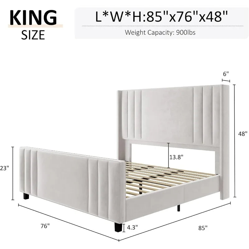 Queen Size Velvet Upholstered Platform Bed Frame with Vertical Channel Tufted Headboard and Footboard Wingback