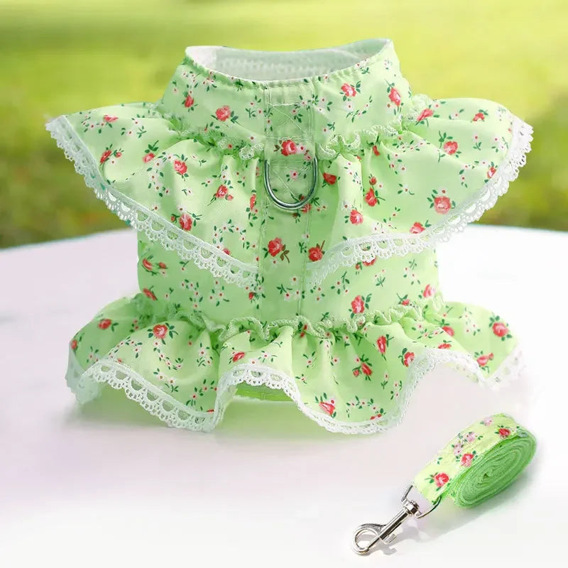 Adjustable Lace Floral Dog Cat Harness Leash Set Mesh Vest